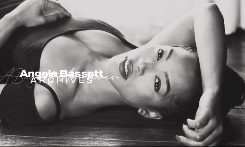 Black and white image of Angela with the words Angela Bassett Archives written across
